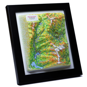TestPlayNA 3D raised relief map of Rocky Mountain National Park showing mountains, lakes, and trails