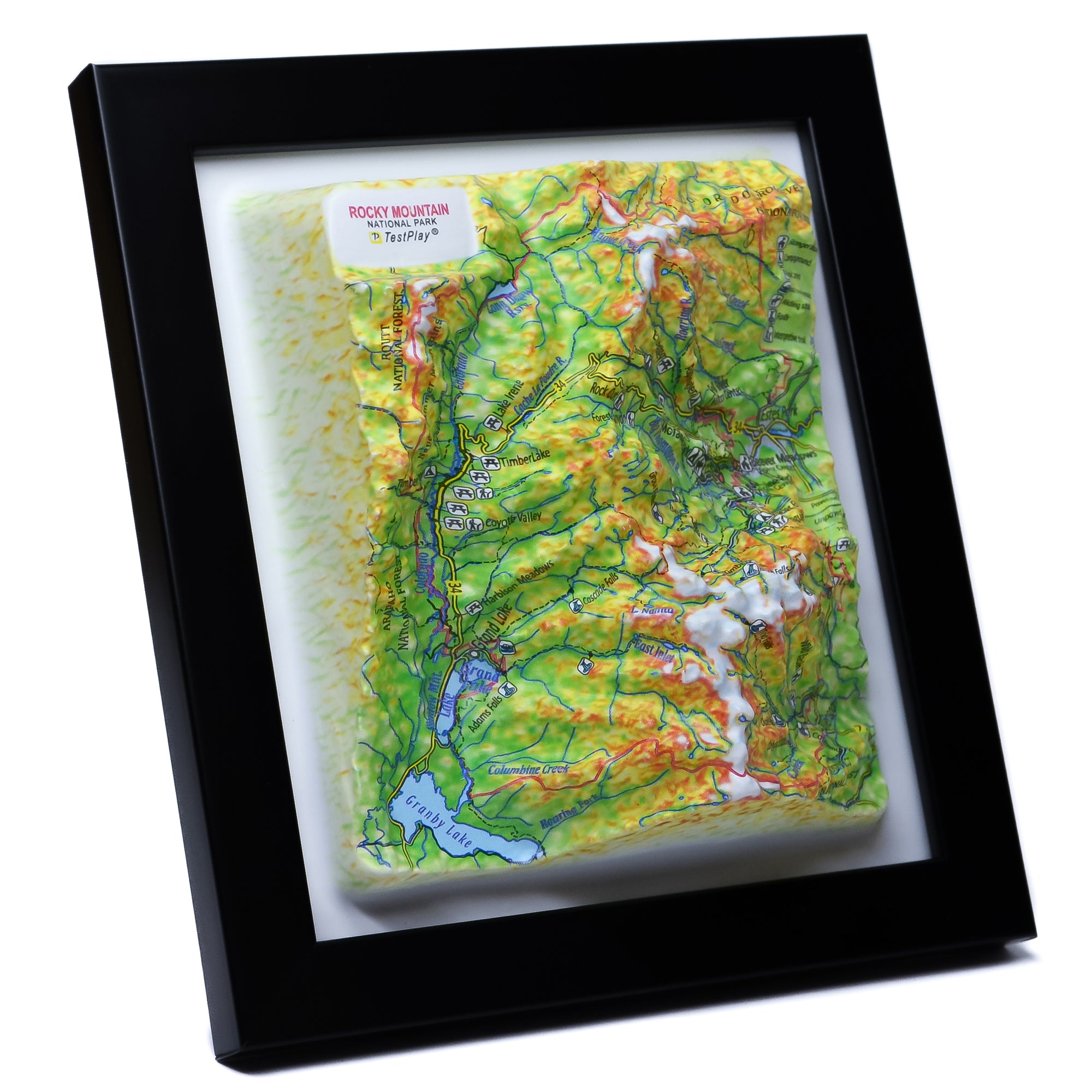 TestPlayNA 3D raised relief map of Rocky Mountain National Park showing mountains, lakes, and trails
