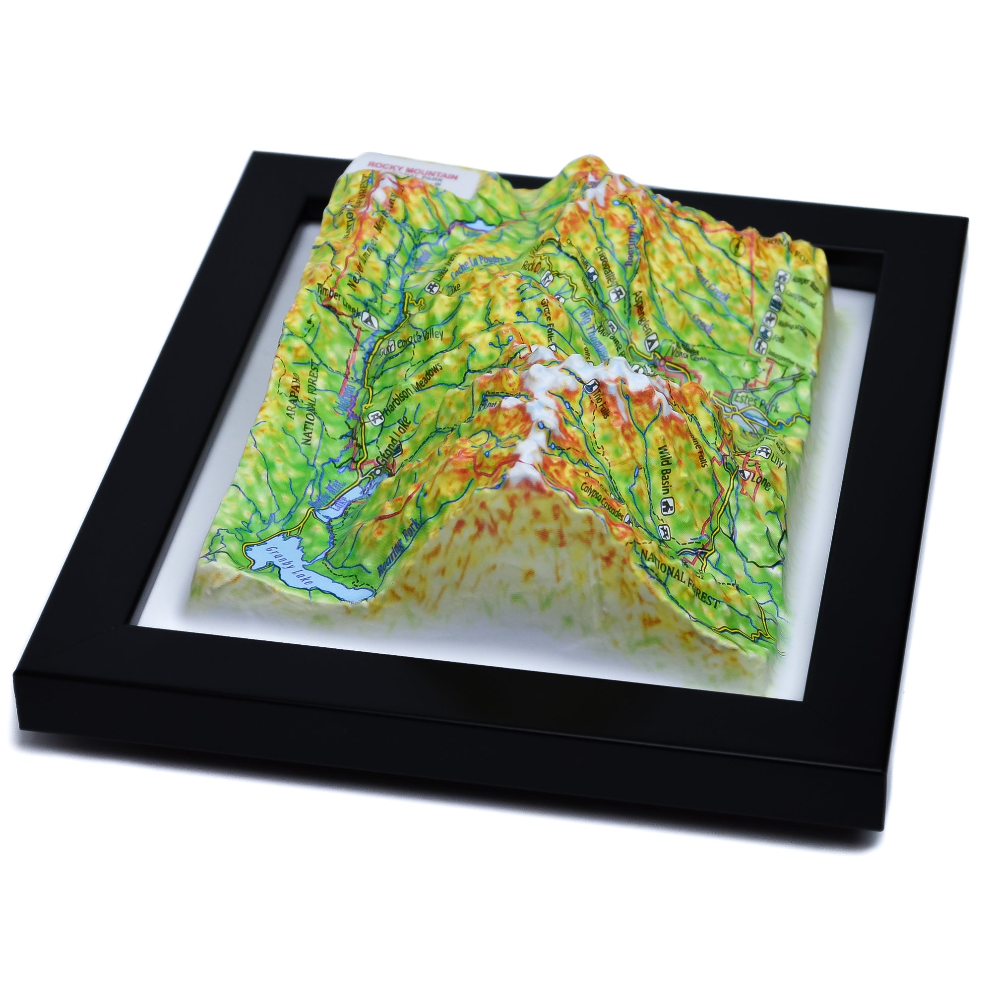 TestPlayNA 3D raised relief map of Rocky Mountain National Park showing mountains, lakes, and trails