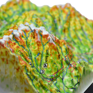 TestPlayNA 3D raised relief map of Rocky Mountain National Park showing mountains, lakes, and trails