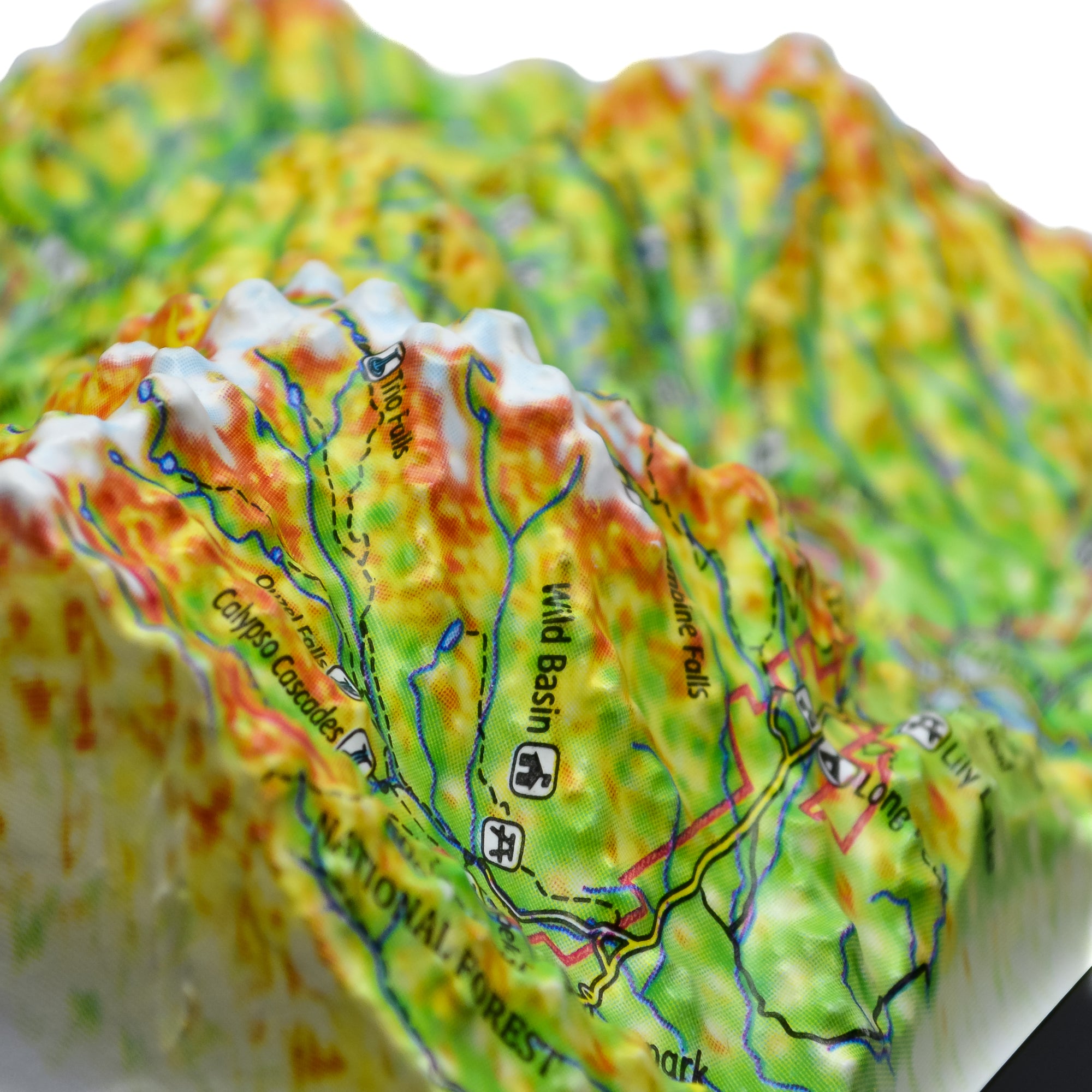 TestPlayNA 3D raised relief map of Rocky Mountain National Park showing mountains, lakes, and trails