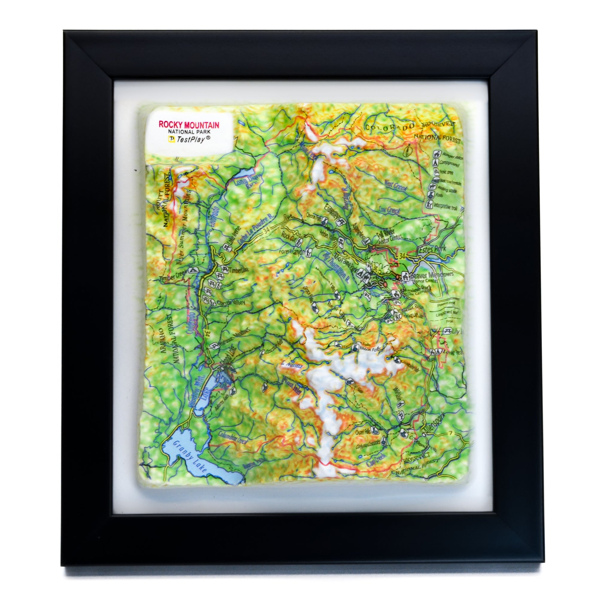 TestPlayNA 3D raised relief map of Rocky Mountain National Park showing mountains, lakes, and trails
