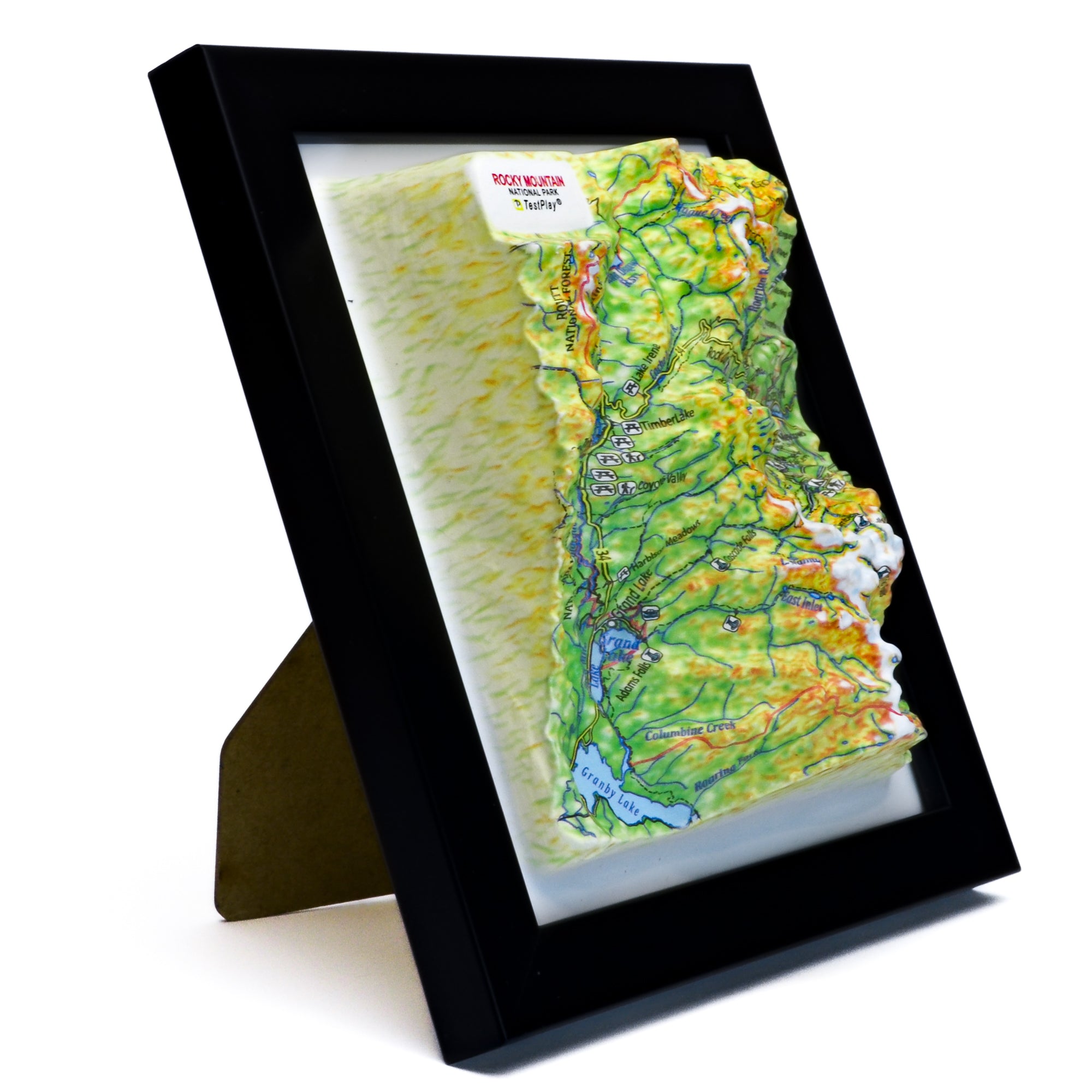 TestPlayNA 3D raised relief map of Rocky Mountain National Park showing mountains, lakes, and trails