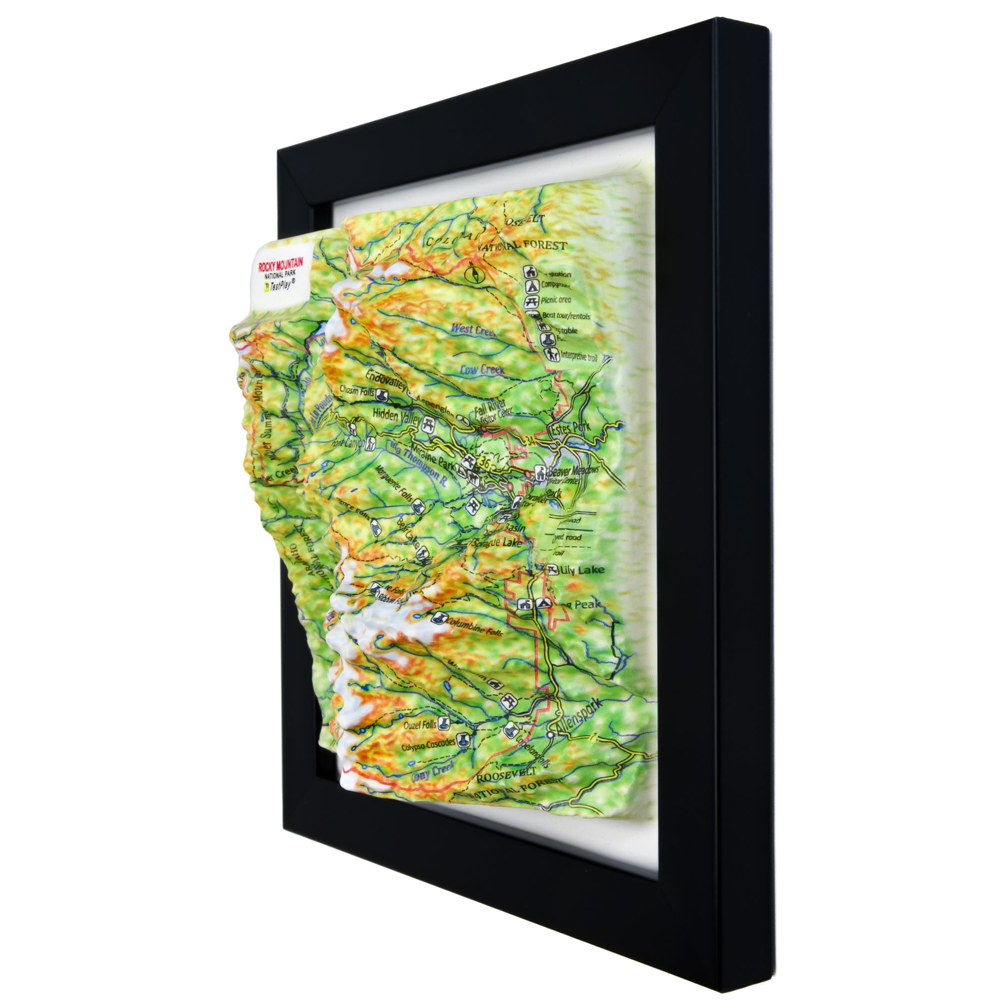 TestPlayNA 3D raised relief map of Rocky Mountain National Park showing mountains, lakes, and trails