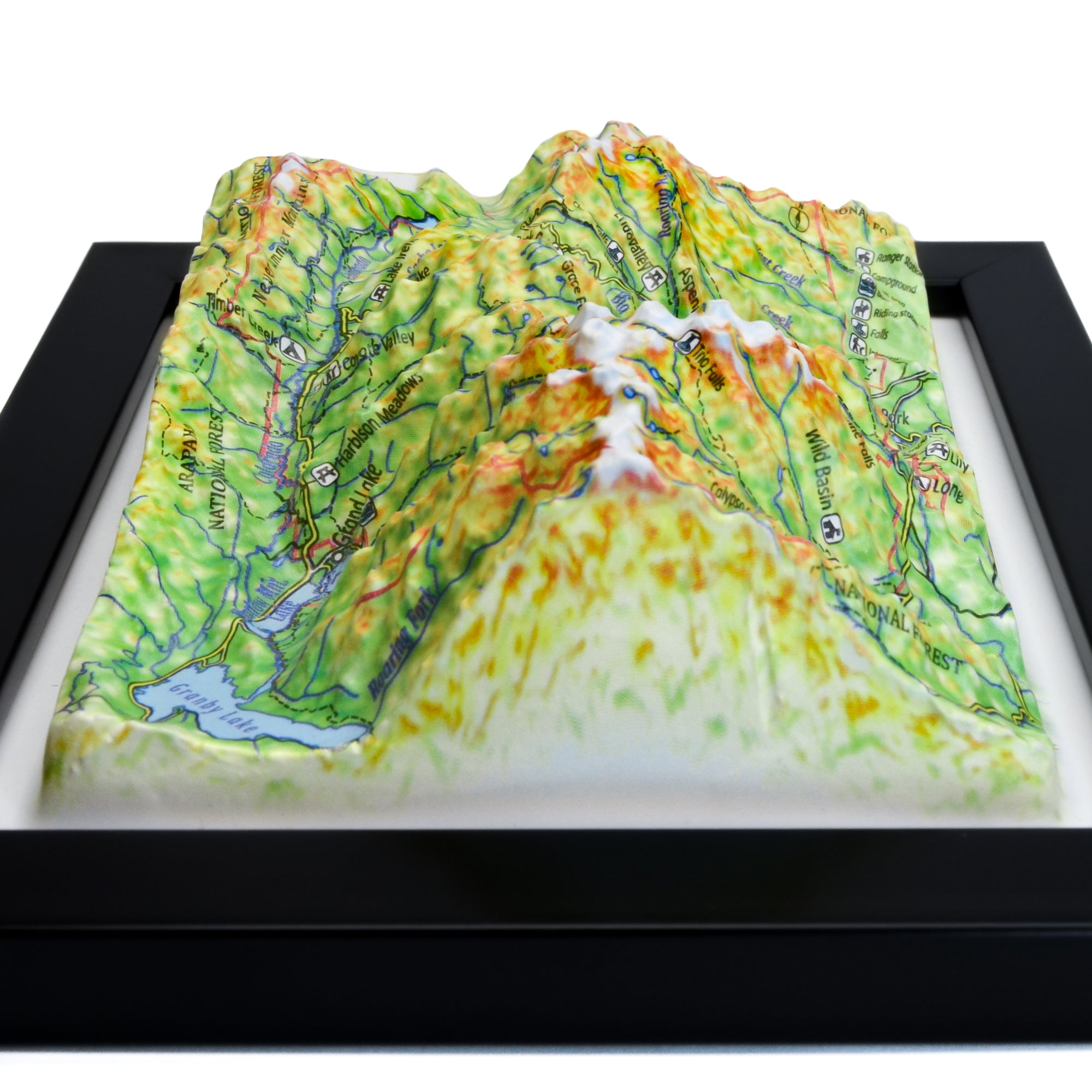 TestPlayNA 3D raised relief map of Rocky Mountain National Park showing mountains, lakes, and trails