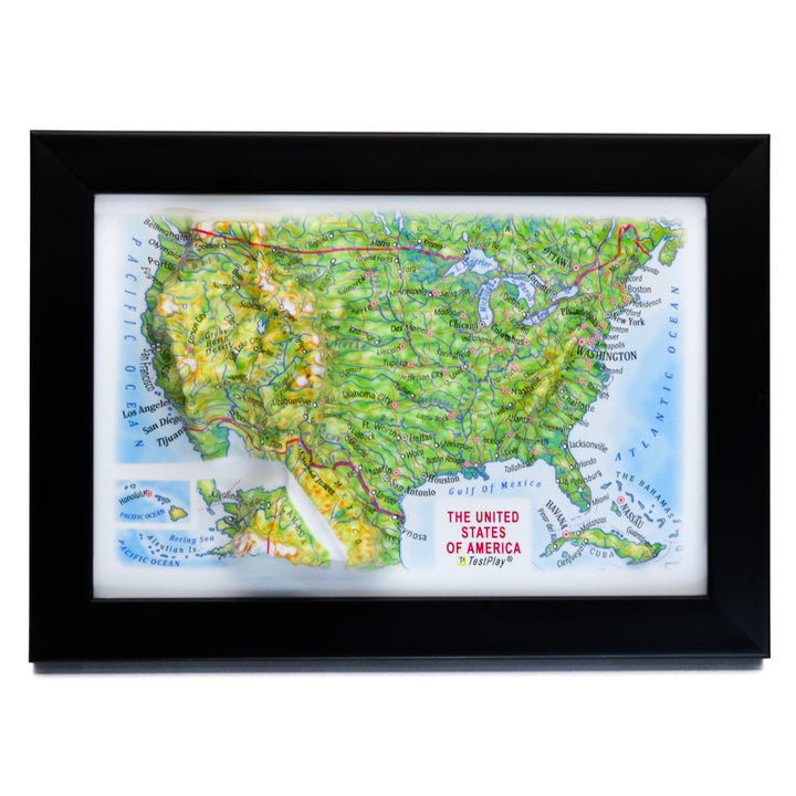 TestPlayNA 3D raised relief map of the USA showing mountain ranges, plains, and rivers