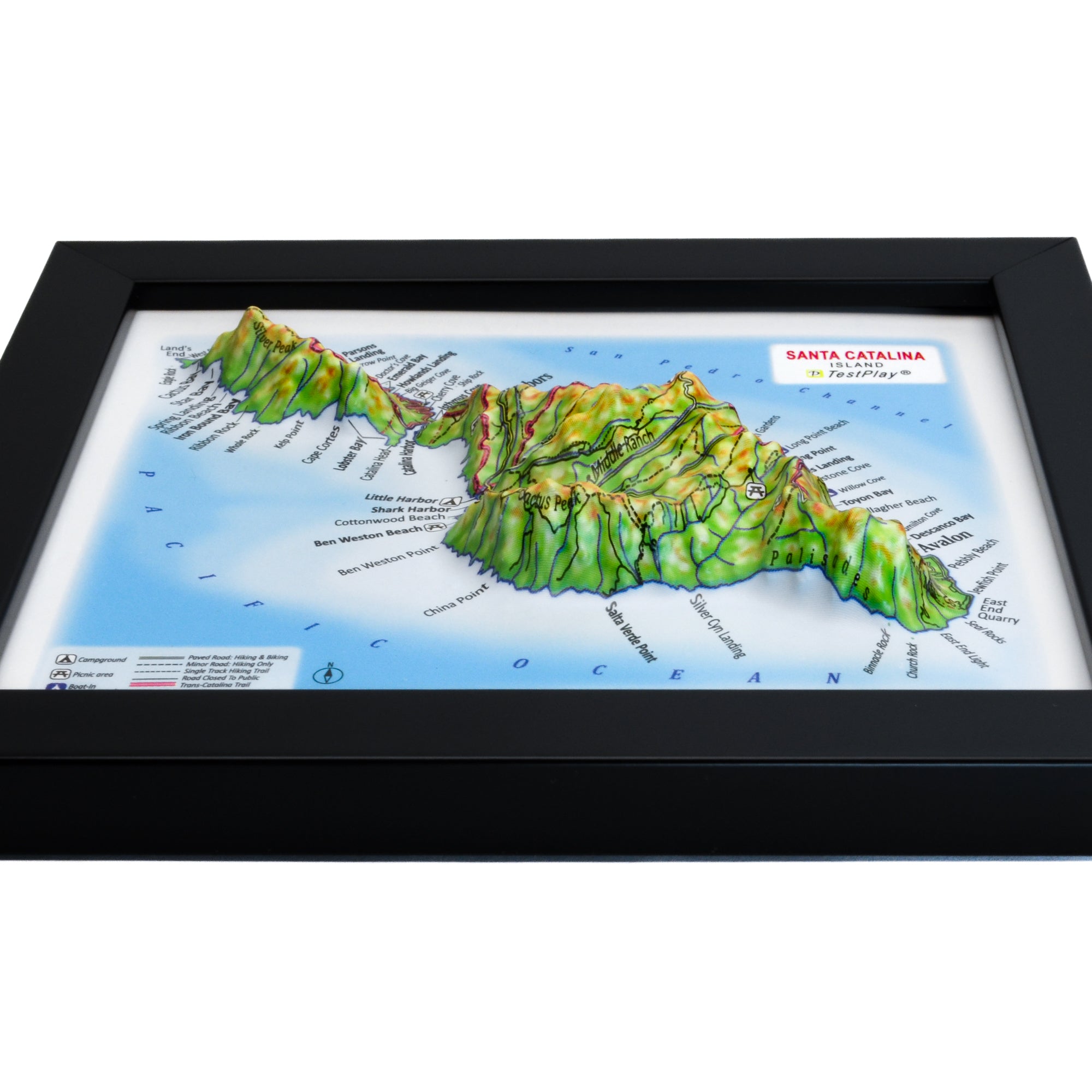 TestPlayNA 3D map of Santa Catalina Island showing the island's terrain, coastline, and Mount Orizaba.