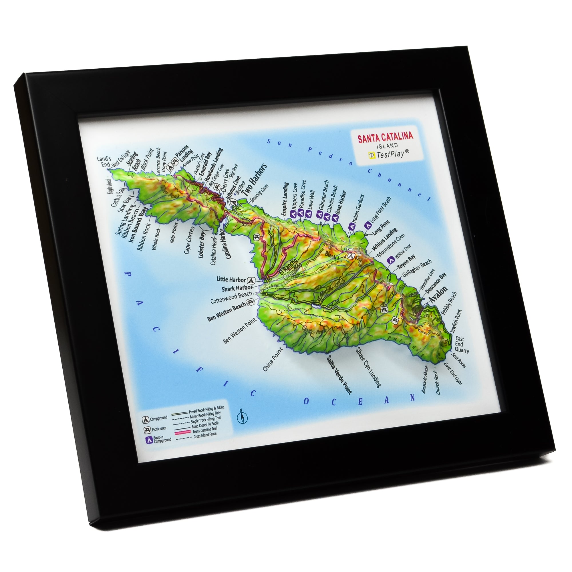 TestPlayNA 3D map of Santa Catalina Island showing the island's terrain, coastline, and Mount Orizaba.