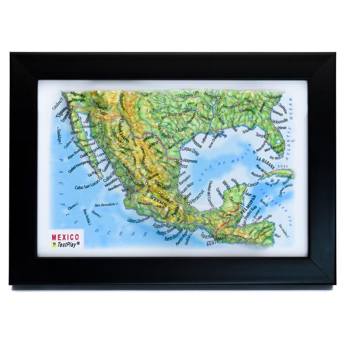 TestPlayNA 3D map of Mexico showing mountain ranges, valleys, and coastlines.