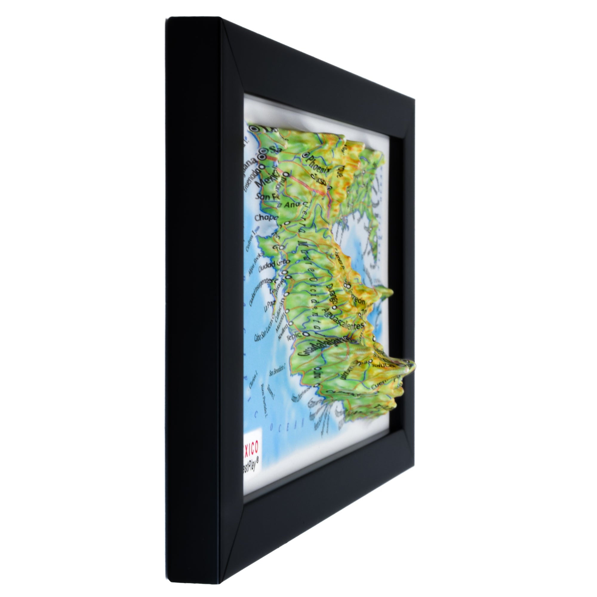 TestPlayNA 3D map of Mexico showing mountain ranges, valleys, and coastlines.