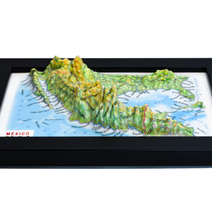 TestPlayNA 3D map of Mexico showing mountain ranges, valleys, and coastlines.