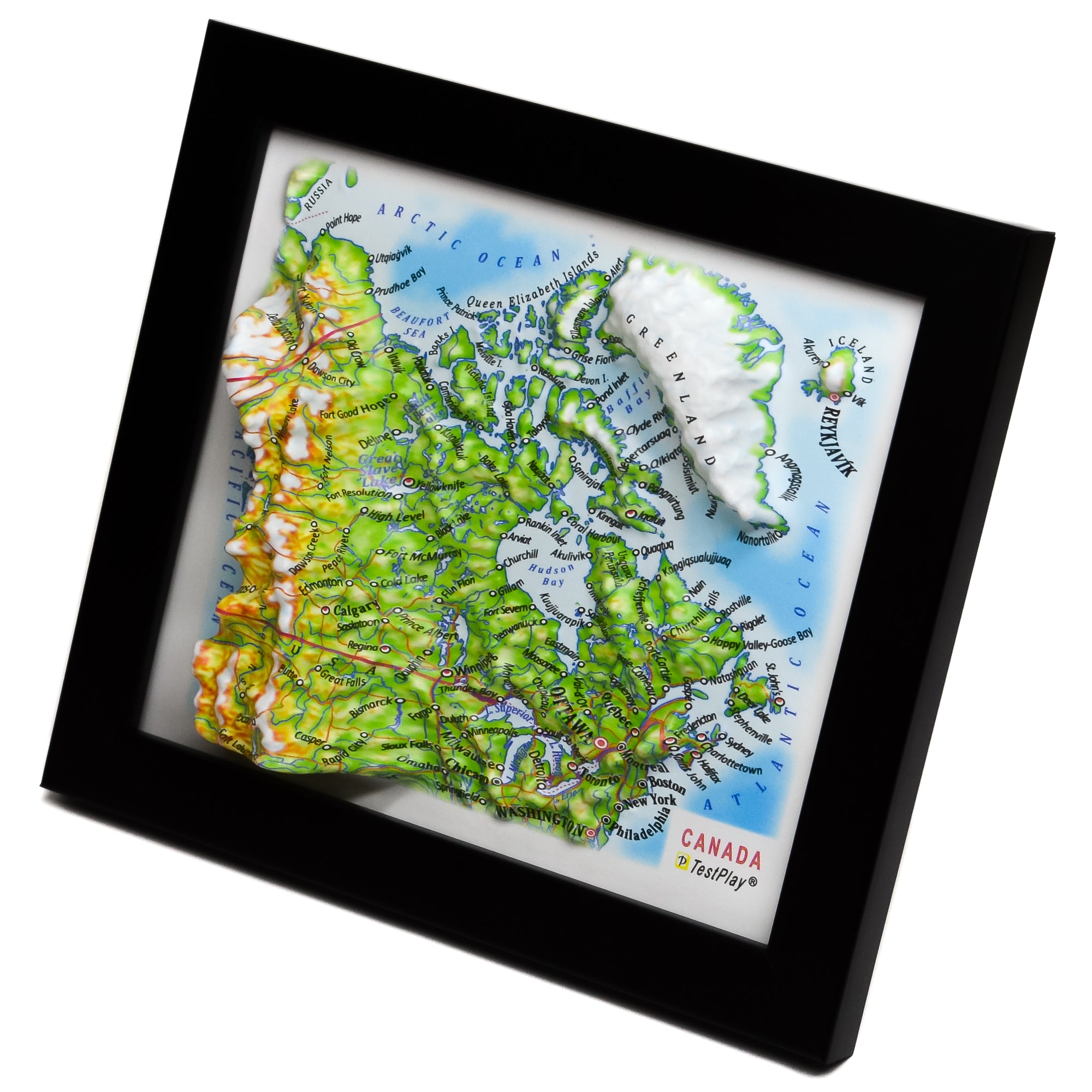 TestPlayNA 3D raised relief map of Canada showing mountains, lakes, and rivers