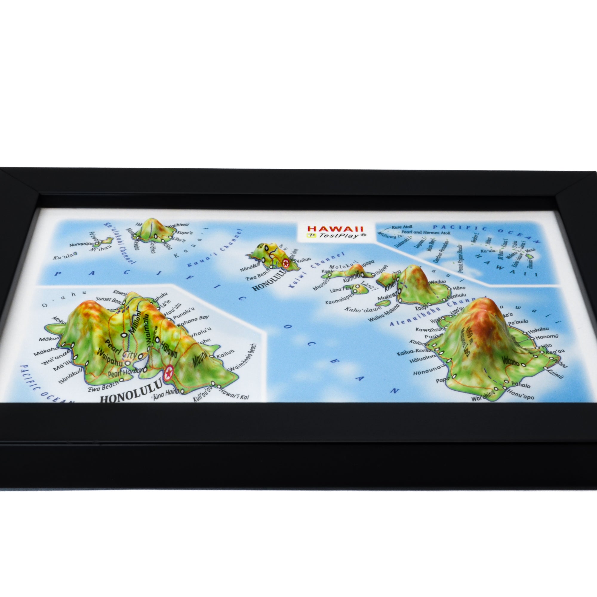 TestPlayNA 3D raised relief map of Hawaii showing the islands, volcanoes, and coastlines