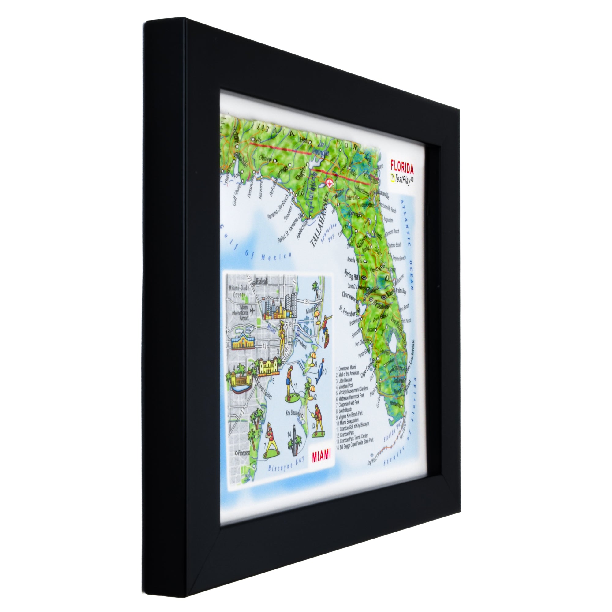 TestPlayNA 3D raised relief map of Florida and Miami showing coastline, Everglades, and cities