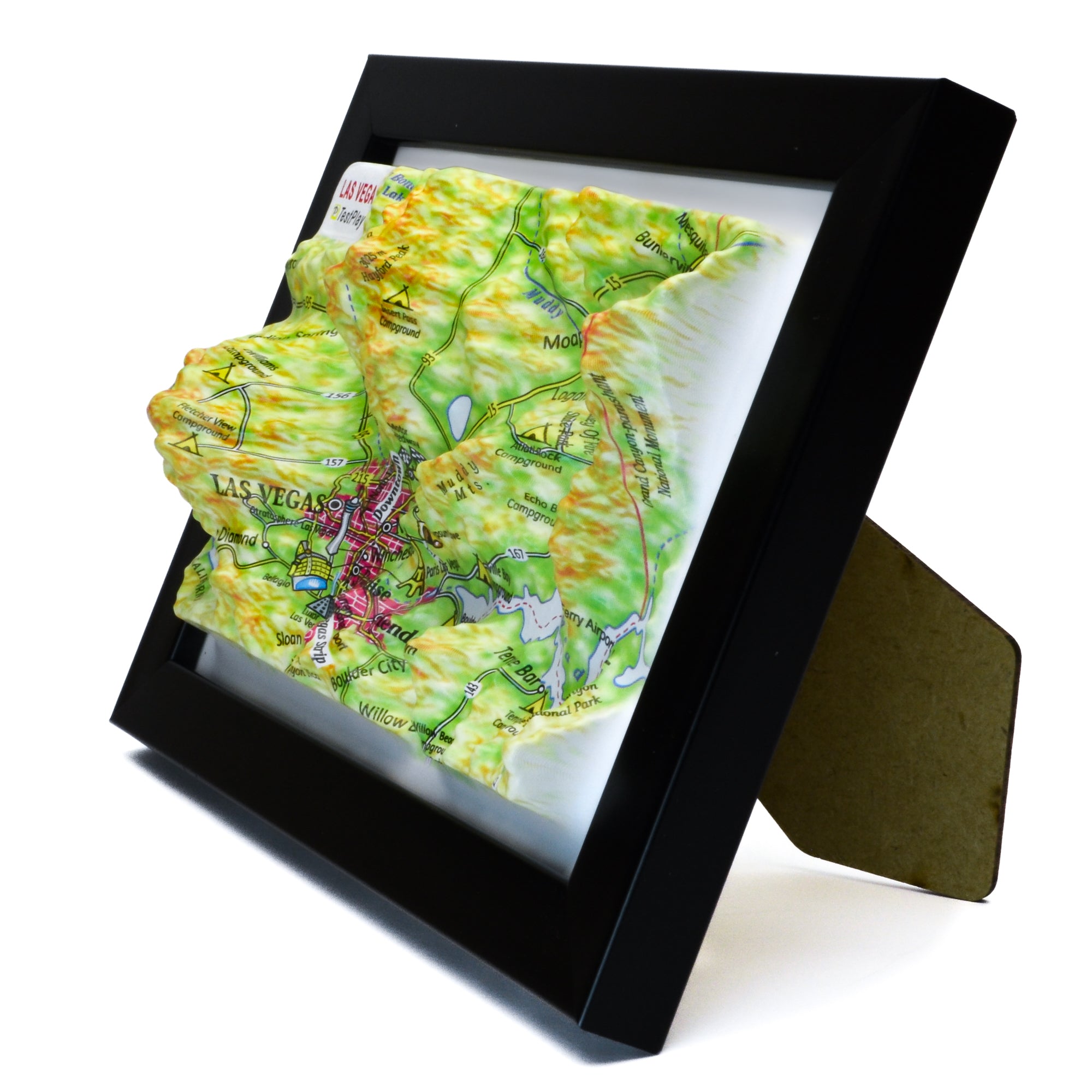 TestPlayNA 3D raised relief map of Las Vegas showing urban layout and surrounding terrain
