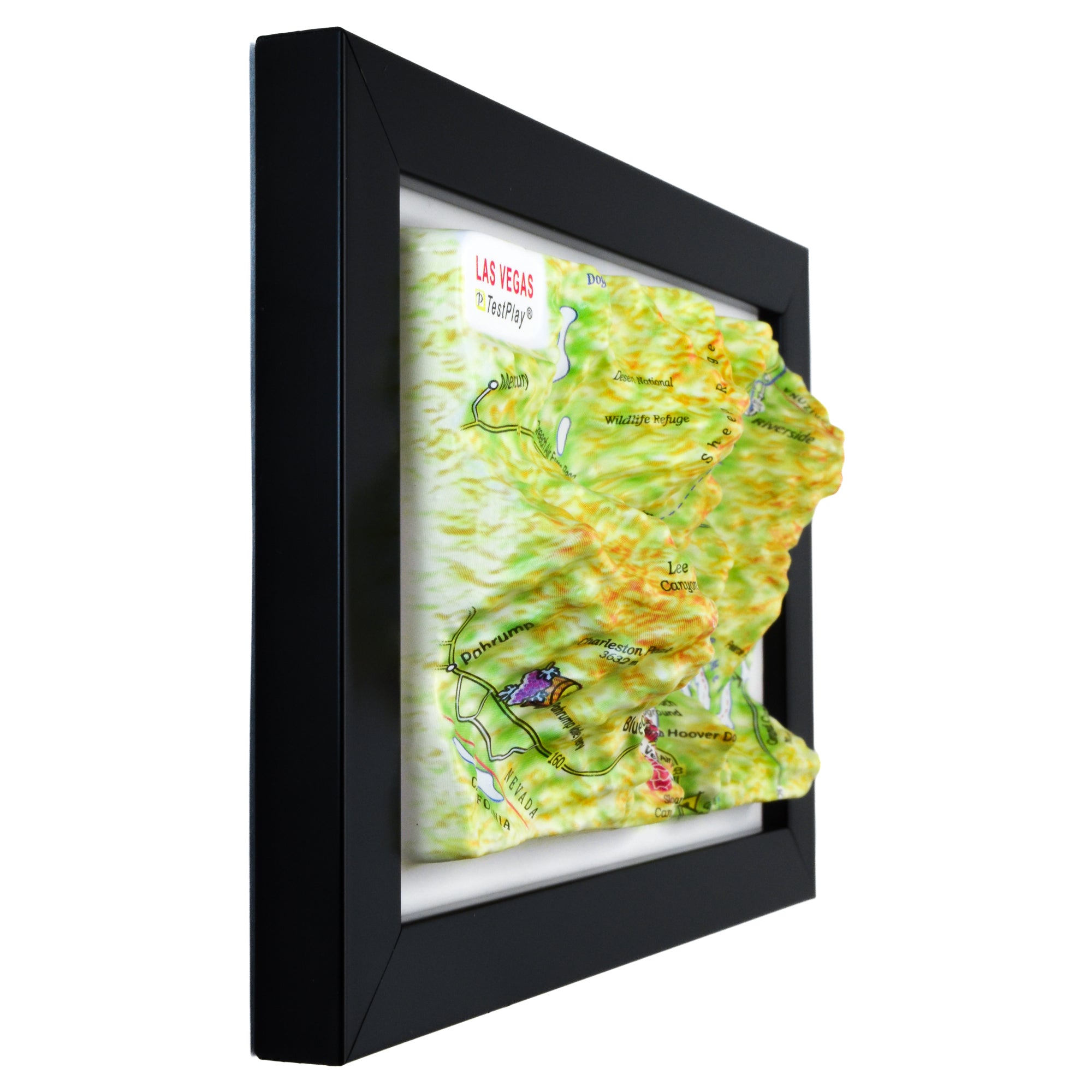 TestPlayNA 3D raised relief map of Las Vegas showing urban layout and surrounding terrain
