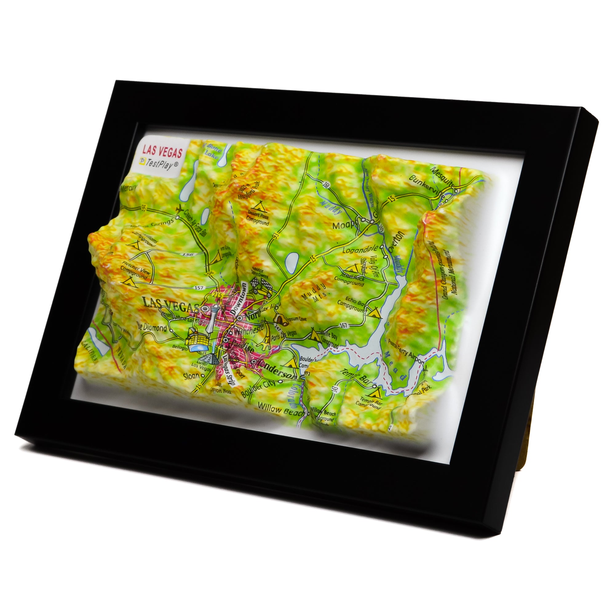 TestPlayNA 3D raised relief map of Las Vegas showing urban layout and surrounding terrain

