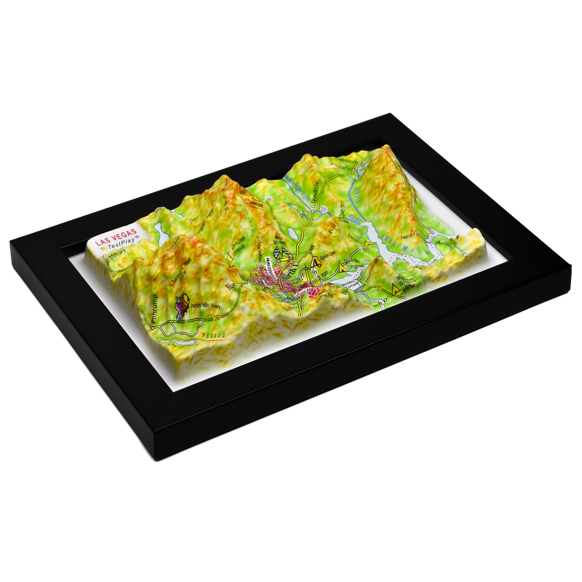 TestPlayNA 3D raised relief map of Las Vegas showing urban layout and surrounding terrain
