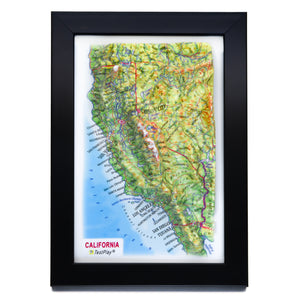 Artful 3D map of California's landscape. A unique gift for nature lovers, bringing the state's majestic mountains and scenic coasts to life.