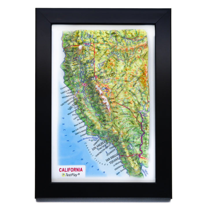 Artful 3D map of California's landscape. A unique gift for nature lovers, bringing the state's majestic mountains and scenic coasts to life.