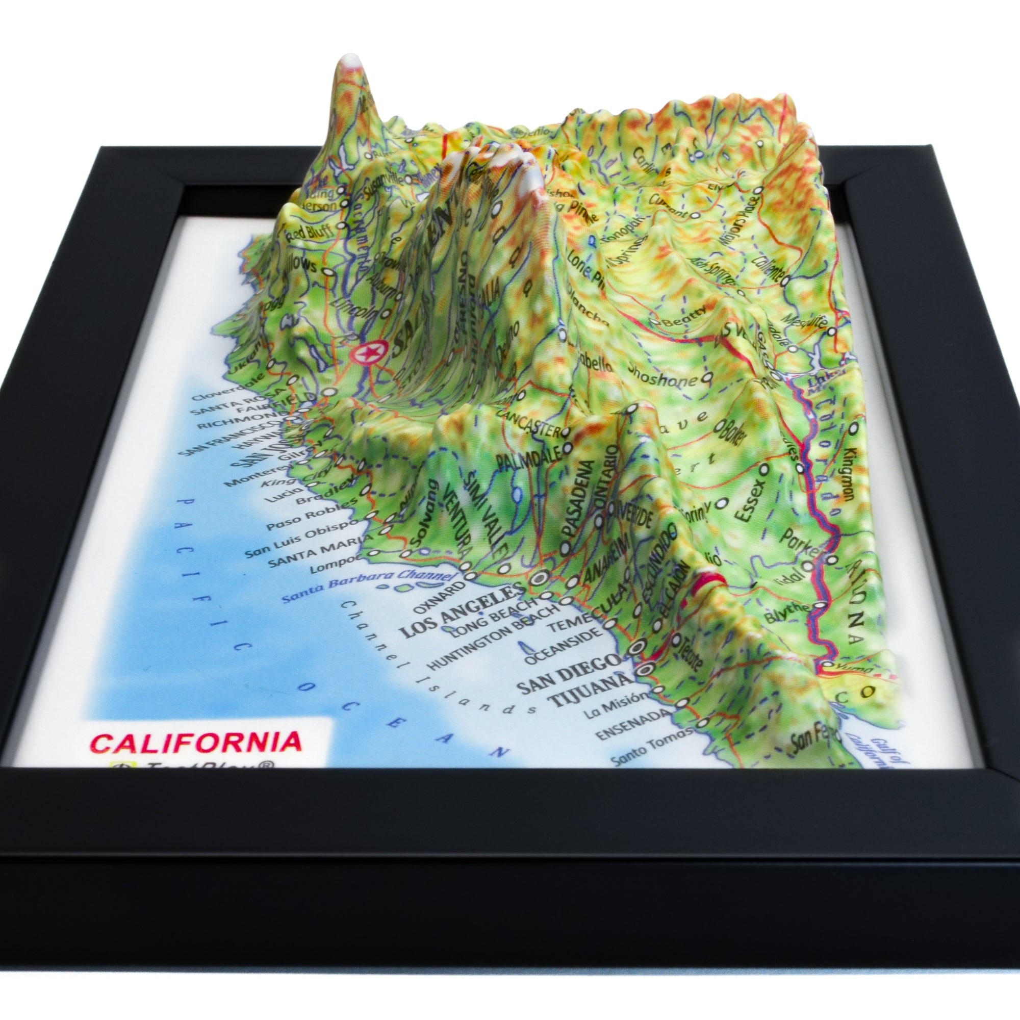 Artful 3D map of California's landscape. A unique gift for nature lovers, bringing the state's majestic mountains and scenic coasts to life.