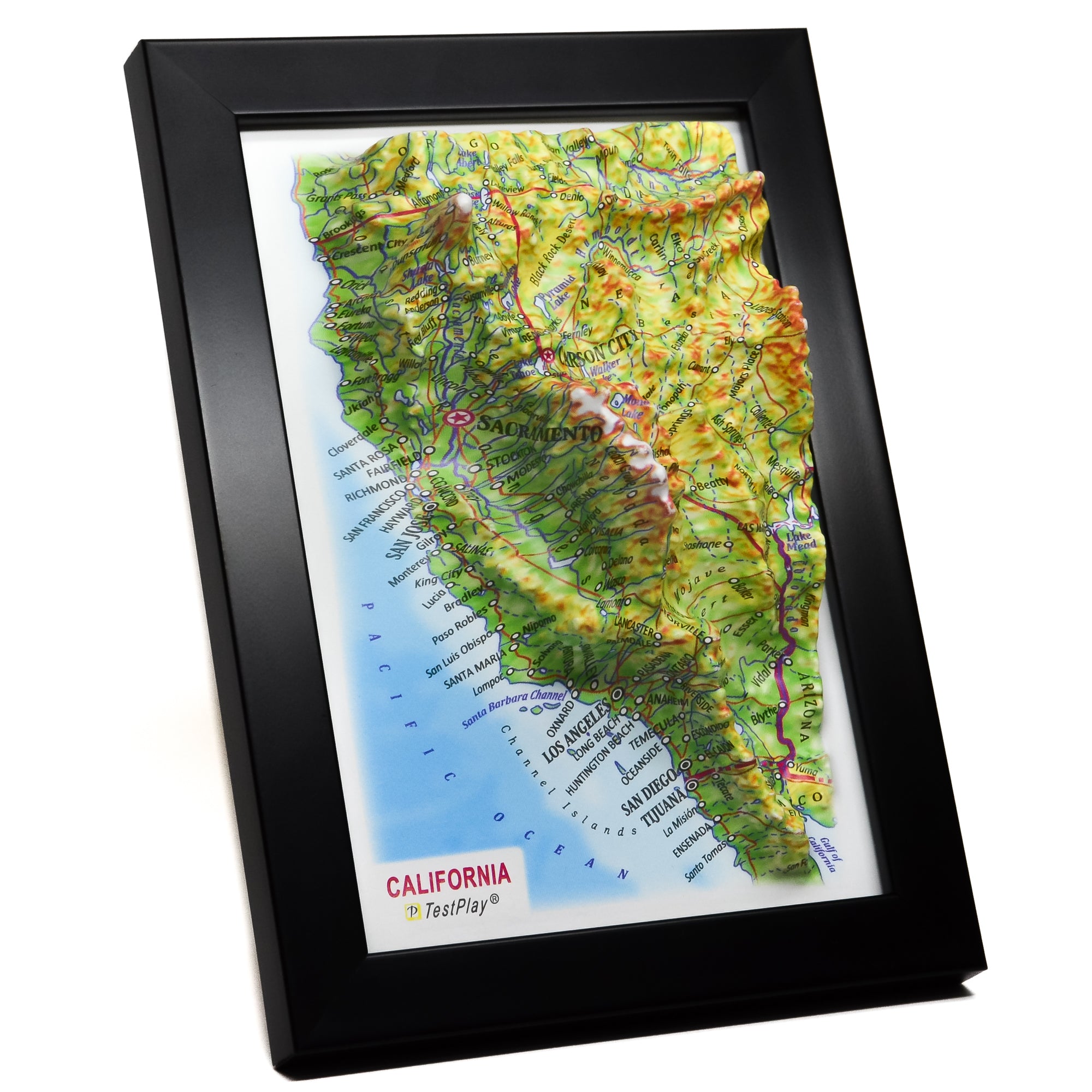 3D relief map of California, a tangible souvenir for travel lovers and adventurers, showing the state's diverse landscapes in intricate detail.