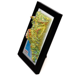 Compact 3D relief map of California measuring 6x4 inches, a perfect collectible for a desk or shelf, highlighting the state's topography.