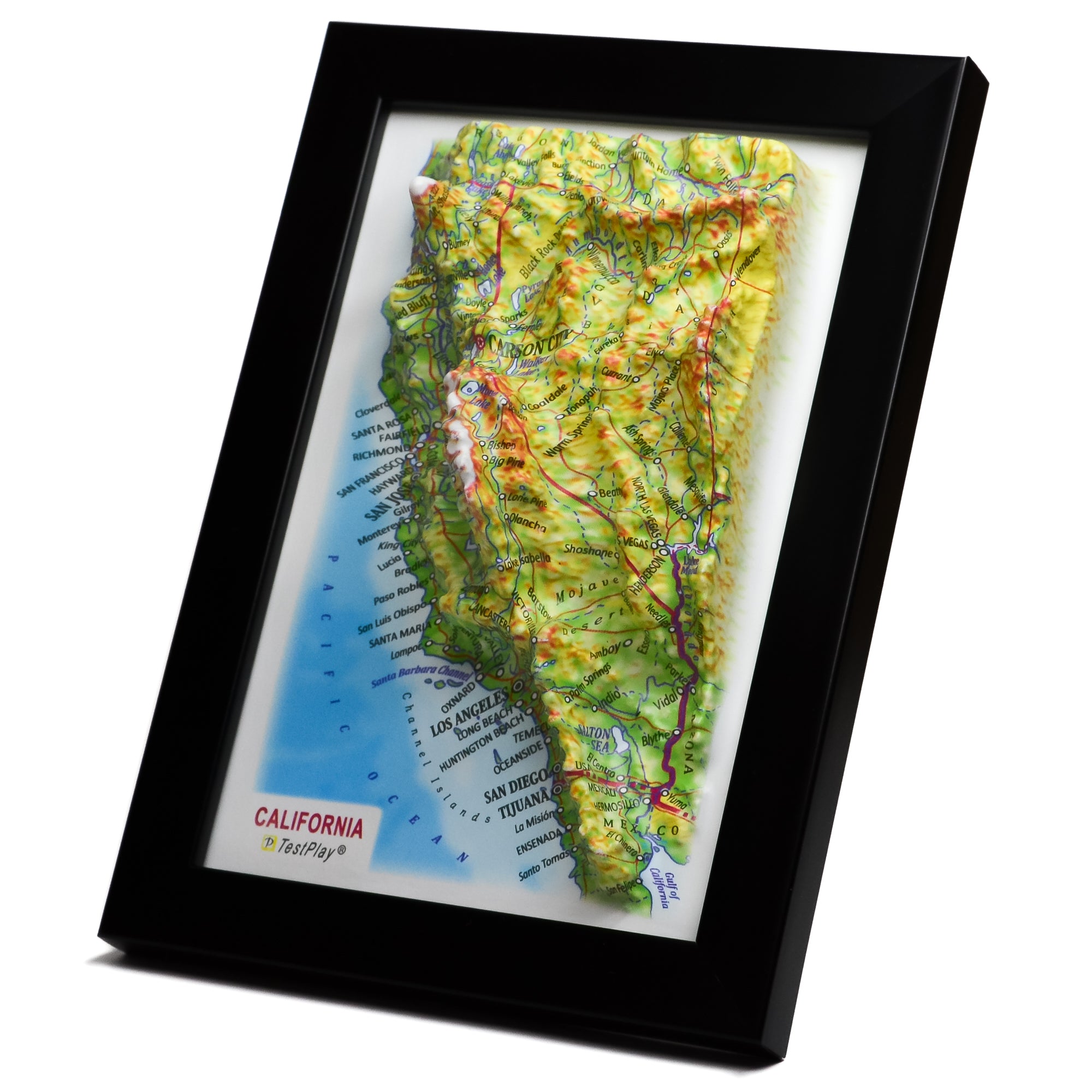 Artful 3D map of California's landscape. A unique gift for nature lovers, bringing the state's majestic mountains and scenic coasts to life.
