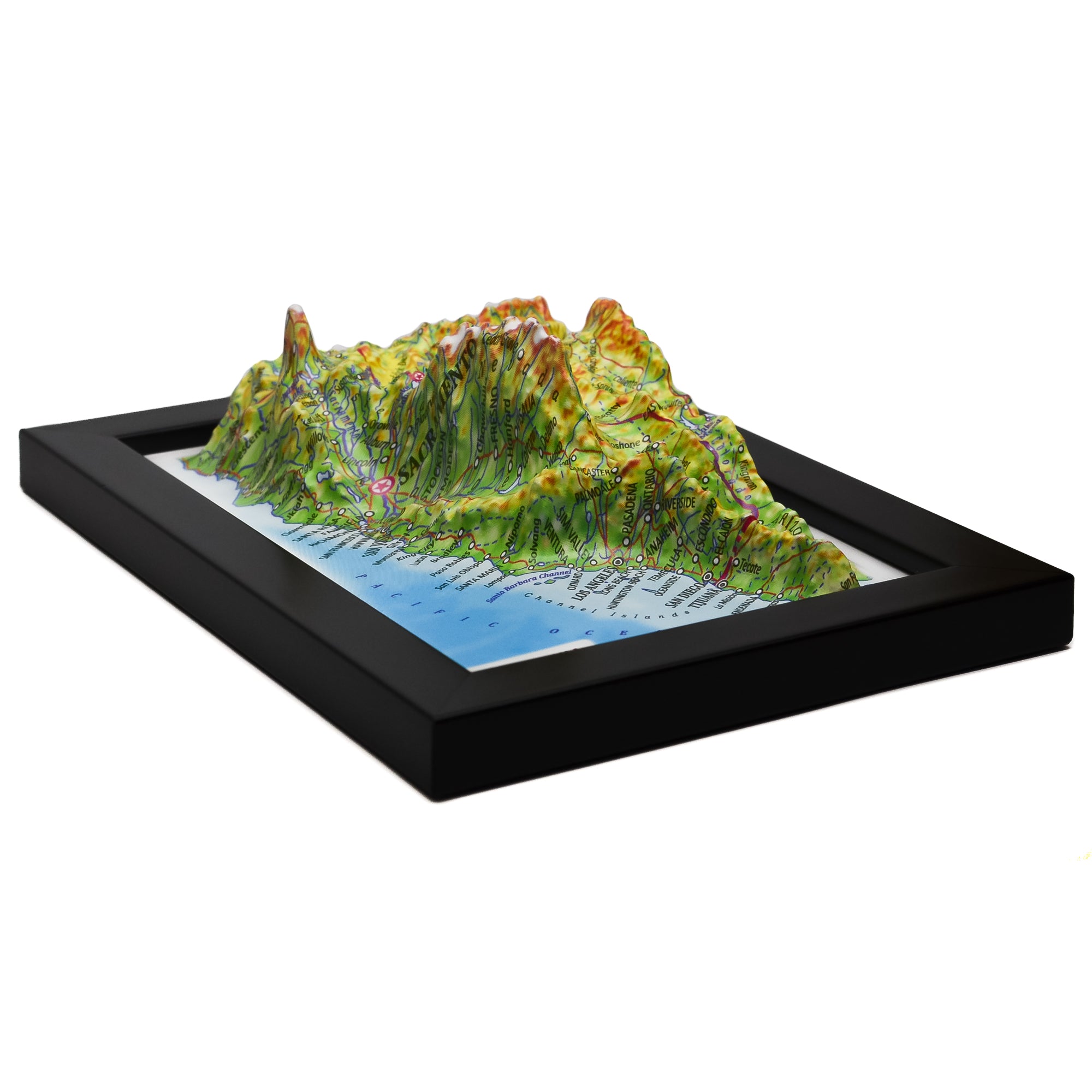 Compact 3D relief map of California measuring 6x4 inches, a perfect collectible for a desk or shelf, highlighting the state's topography.