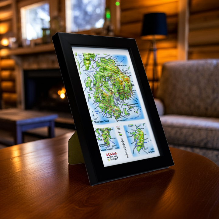 TestPlayNA 3D raised relief map of Acadia National Park showing mountains, coastline, and lakes